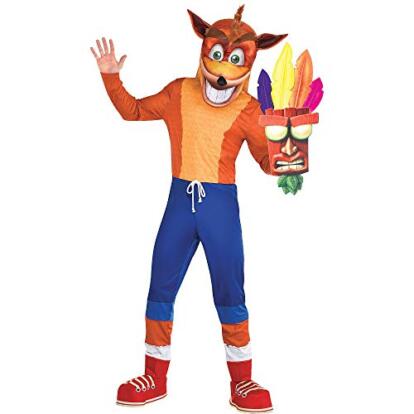 Party City Crash Bandicoot Costume for Adults, Size Extra-Small, Includes Jumpsuit, Boot Covers, Mask, and Aku Aku Prop
