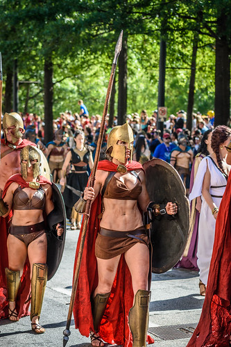 typical dragoncon atlanta ga georgia parade annual labor day 2017 cosplay costume downtown dragon con comics characters costuming fall spartans females spartanettes swords spears 300