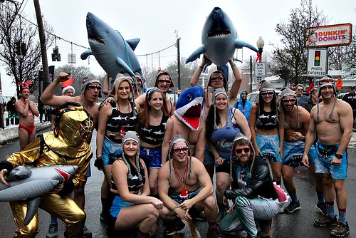 shark inflatable fun group santaspeedosprint pose costume albany dunkindonuts