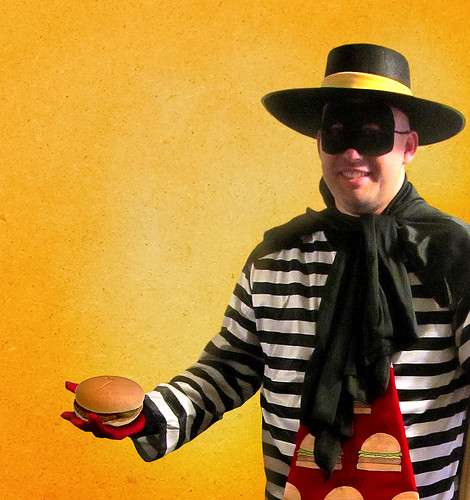 white black costume mask tie mcdonalds cheeseburger hamburger cape zorro hamburglar jailbird