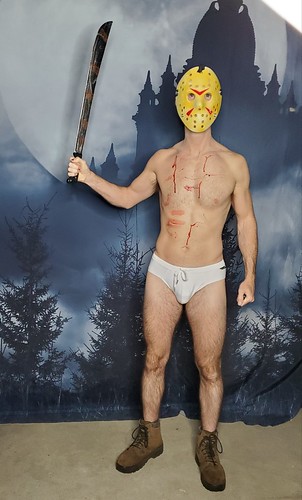 party costume shirtless man guy jasonvoorhees machete fridaythe13th horror underwear mask colorful