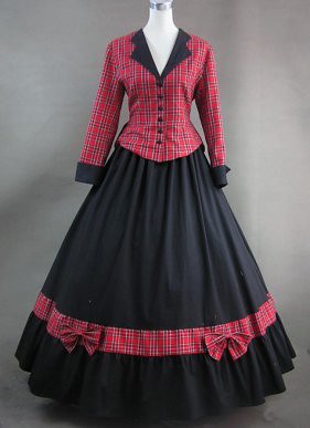 red long dress victorian plaid noble sleeves