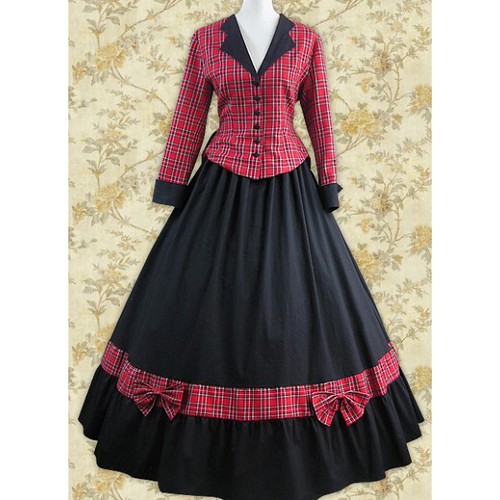 red black long dress lolita cotton and plaid sleeves
