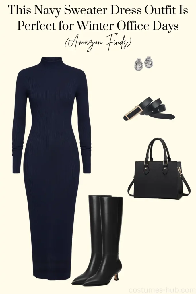 What to Wear to Work in Winter (Navy Sweater Dress Outfit)