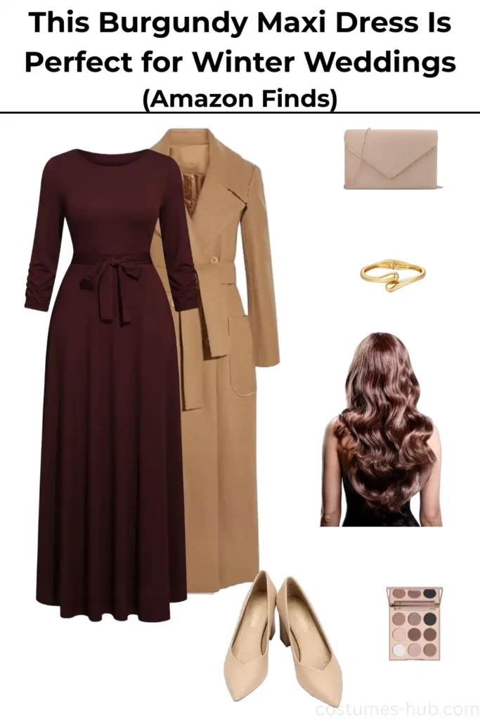 What to Wear to a Cold Winter Wedding (Burgundy Dress Outfit)