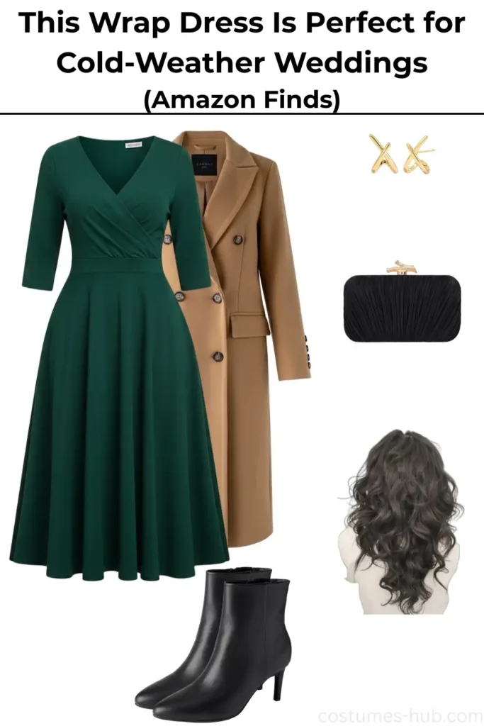 What to Wear to a Winter Wedding (Green Wrap Dress Outfit)