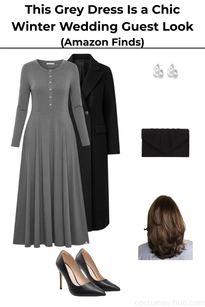 What to Wear to a Winter Wedding (Grey Midi Dress Outfit)