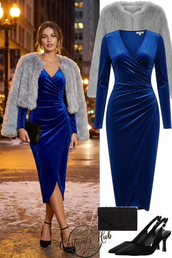 Royal Blue Velvet Dress With Grey Fur Jacket