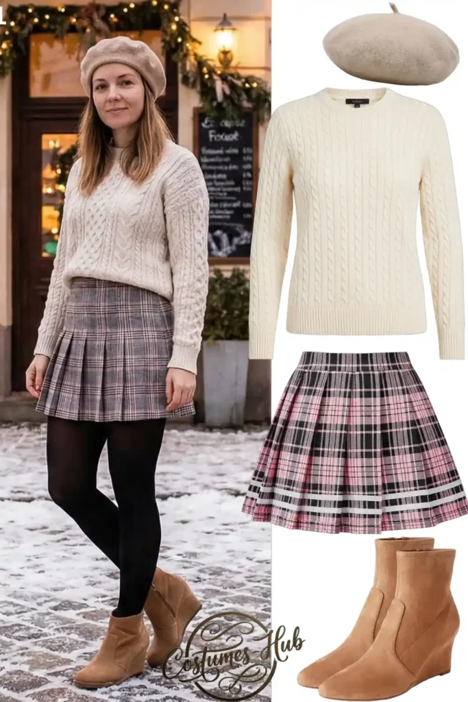 Cream Sweater With Plaid Mini Skirt