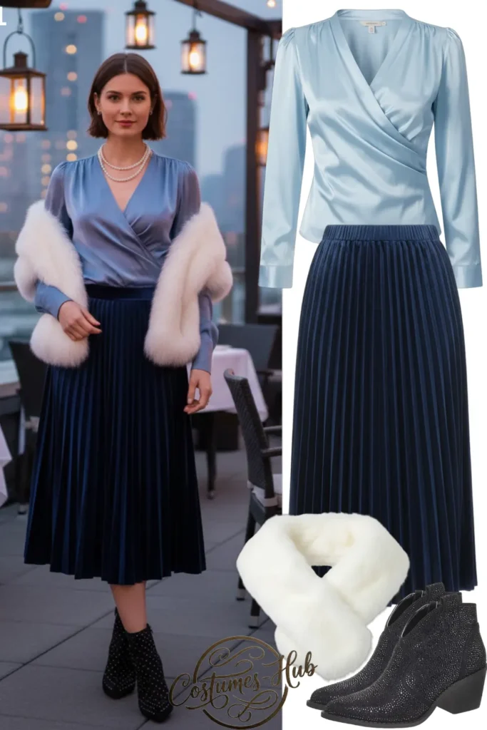 Dusty Blue Satin Blouse With Velvet Midi Skirt