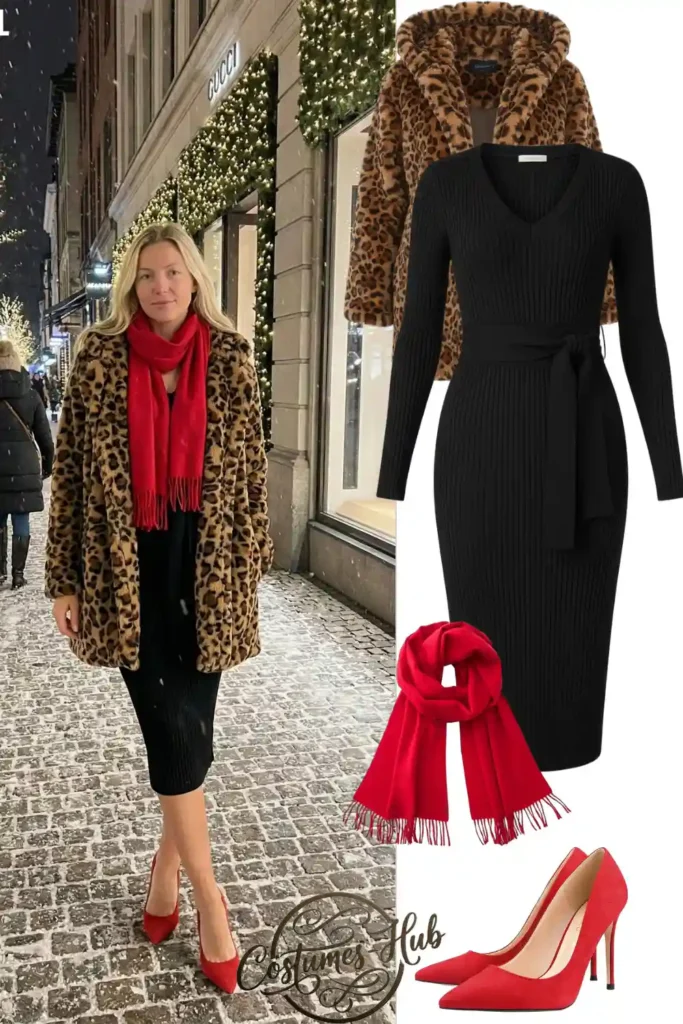 Leopard Coat Over Black Dress With Red Details